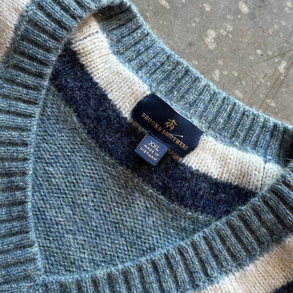 Brooks Brothers Mens Wool V Neck Cricket Tennis Sweater Blue White Stripe XXL - Picture 2 of 6